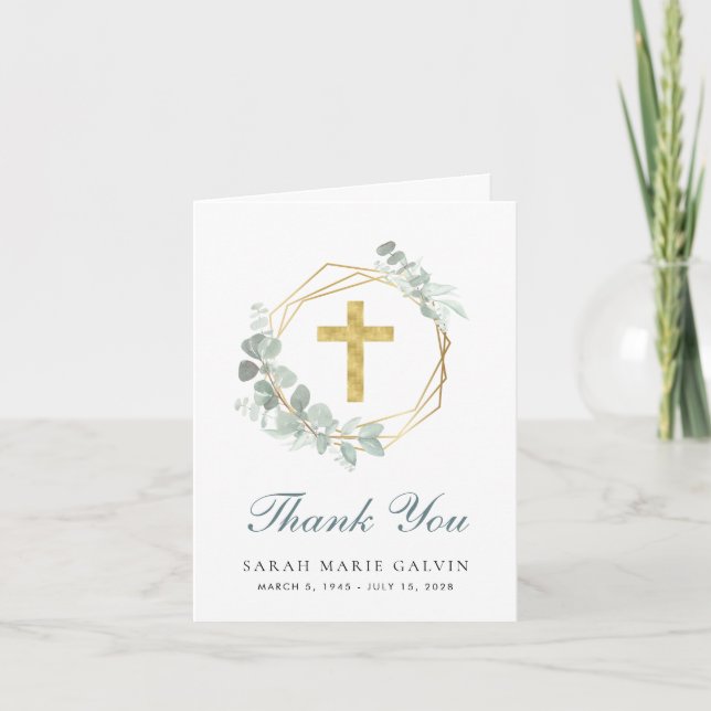 Elegant Gold Cross Eucalyptus Photo Funeral Thank You Card (Front)