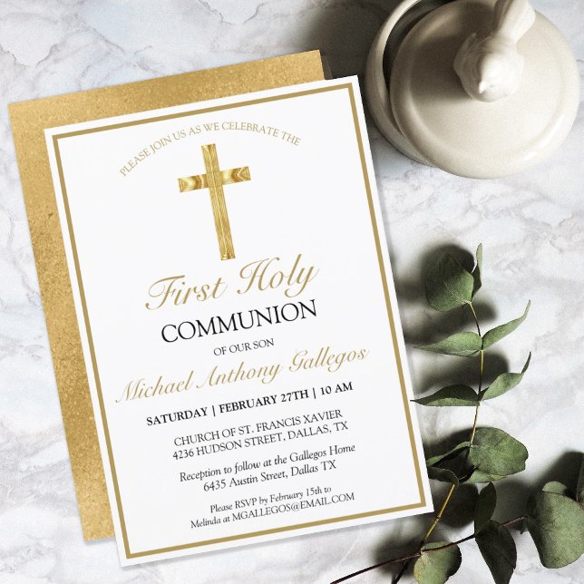 Elegant Gold Cross First Holy Communion Invitation (Creator Uploaded)