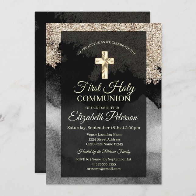 Elegant Gold Cross First Holy Communion  Invitation (Front/Back)