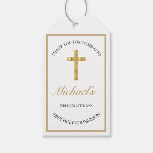 Elegant Gold Cross First Holy Communion White Gift Tags