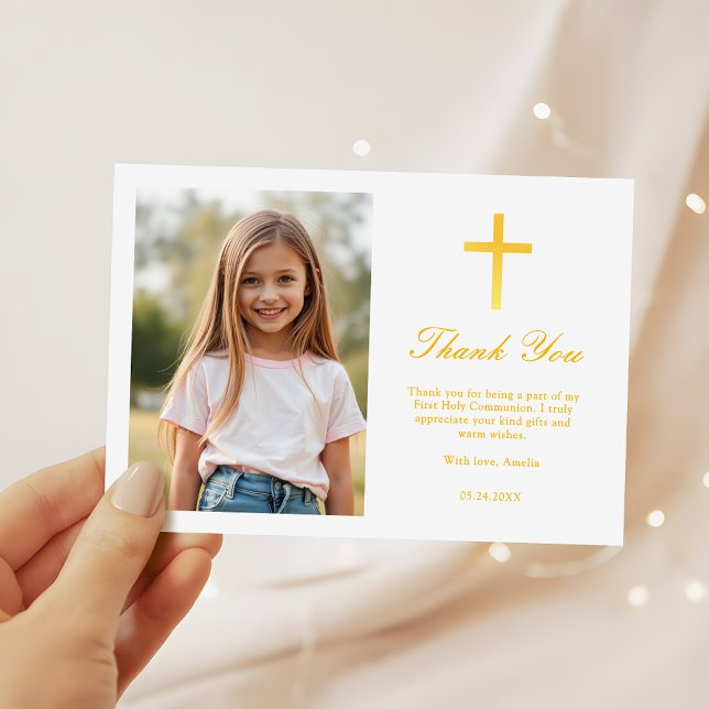 Elegant Gold Cross Girls First Communion  Thank You Card (Creator Uploaded)