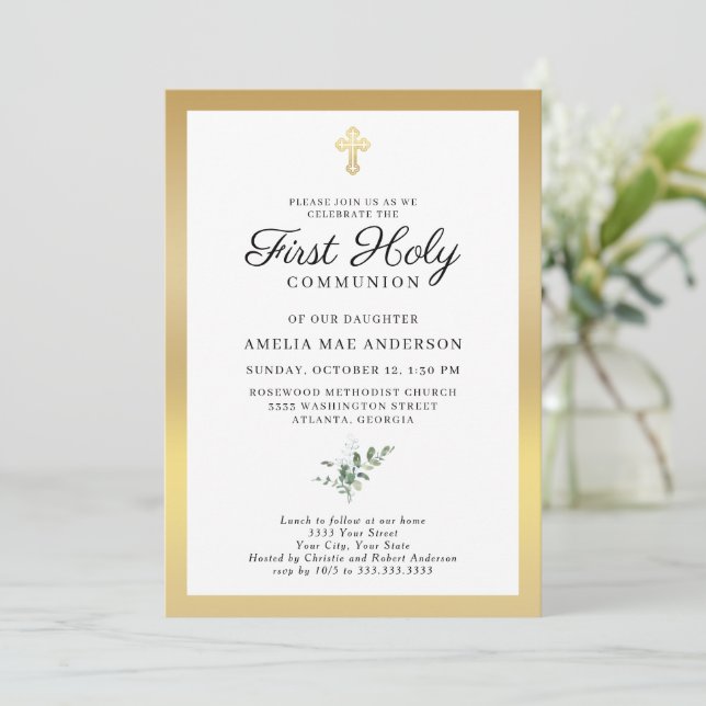 Elegant Gold Cross Greenery First Holy Communion Invitation (Standing Front)