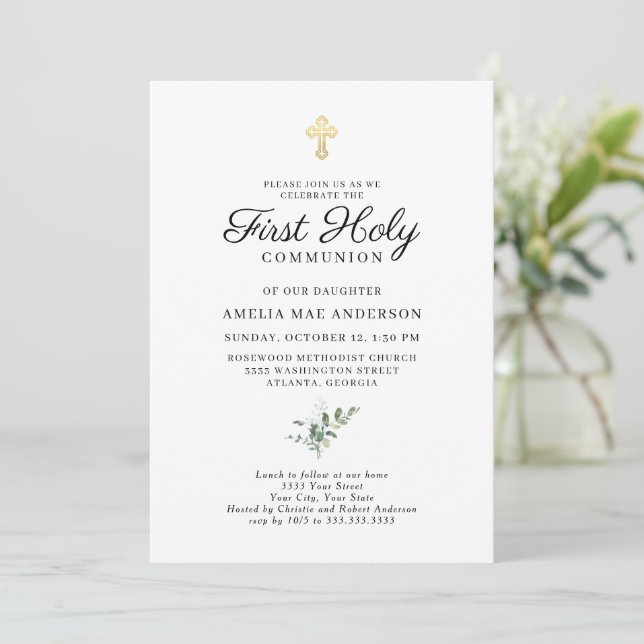 Elegant Gold Cross Greenery First Holy Communion Invitation (Standing Front)