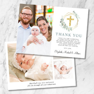 Elegant Gold Cross Greenery Photo Collage Baptism Thank You Card