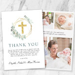 Elegant Gold Cross Greenery Wreath Photo Baptism Thank You Card<br><div class="desc">An elegant baptism thank you card that features a watercolor illustration of a gold cross in a gold wreath adorned with eucalyptus greenery and "Thank You" in a sage green modern typography. Personalise your thank you message and add your names in a calligraphy script. On the reverse side, add three...</div>