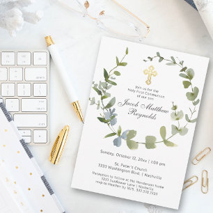 Elegant Gold Cross Holy Communion Greenery Invitation