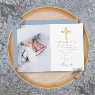 Elegant Gold Cross Photo Signature Script Baptism Thank You Card