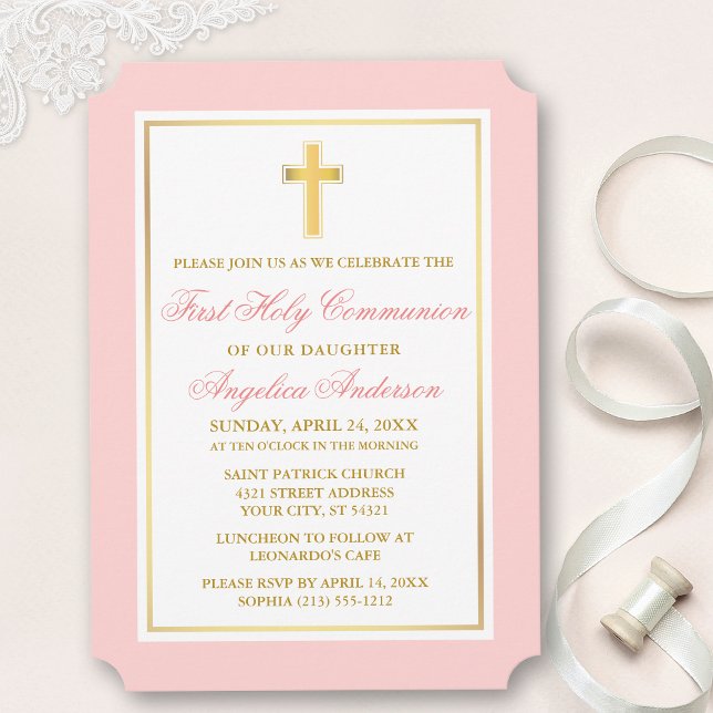Elegant Gold Cross Pink First Communion Invitation (Customize to change text size, style, color or to add more text or photos to back of card.)