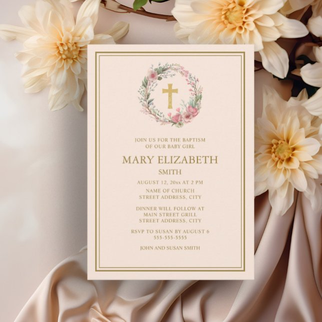 Elegant Gold Cross Pink Floral Baby Girl Baptism  Invitation (Elegant floral wreath and cross baptism invitation)