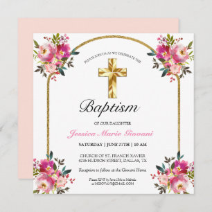 Elegant Gold Cross PInk Floral Baptism Invitation