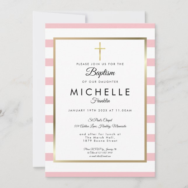 Elegant Gold Cross Pink Stripe Baptism Christening Invitation (Front)