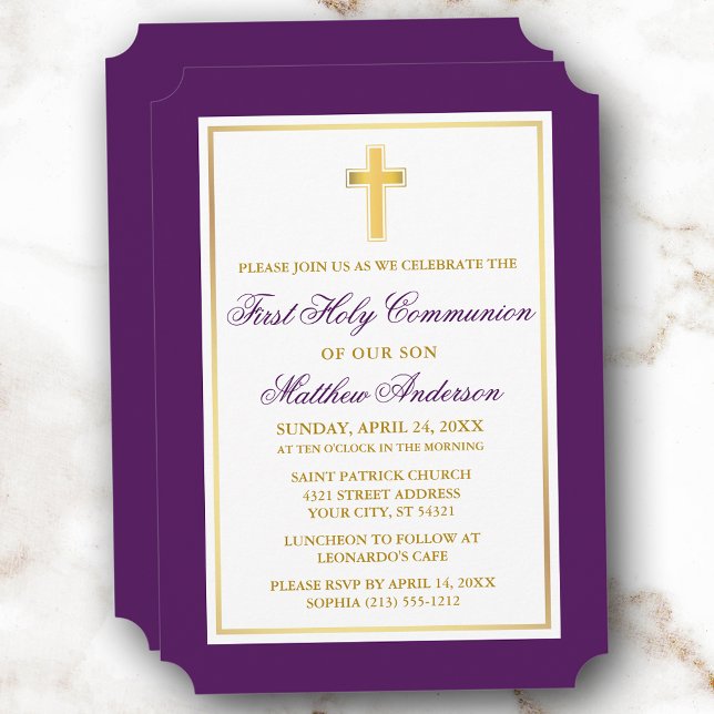 Elegant Gold Cross Purple First Communion Invitation (Customize to change text size, style, color or to add more text or photos to back of card.)