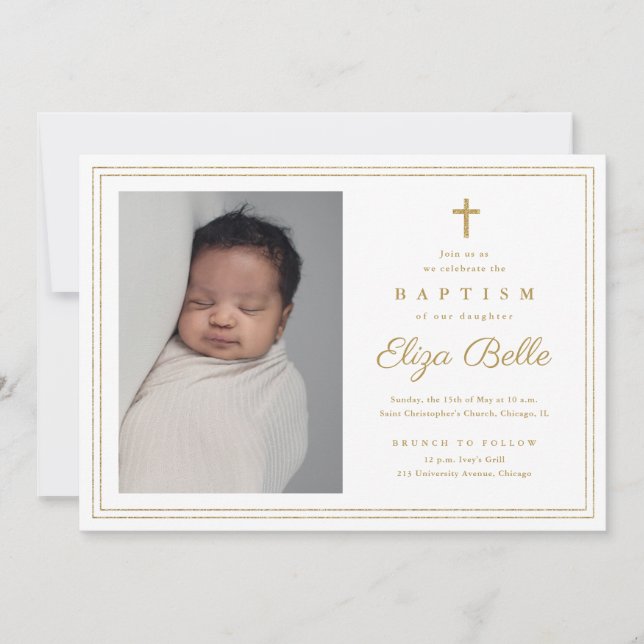 Elegant Gold Cross Religious Baptism & Christening Invitation (Front)