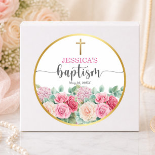 Elegant Gold Cross Roses Floral Baptism Classic Round Sticker