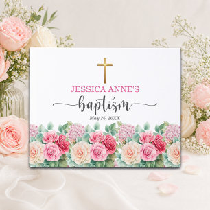 Elegant Gold Cross Roses Floral Baptism Guest Book
