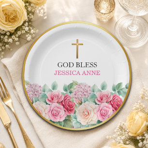 Elegant Gold Cross Roses Floral Baptism Paper Plate