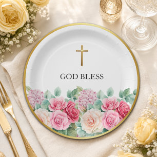 Elegant Gold Cross Roses Floral  Paper Plate