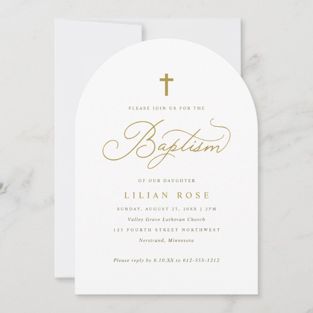 Elegant Gold Cross Script Calligraphy Baptism Invitation (Front)