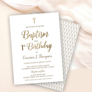 Elegant Gold Cross Simple Baptism and 1st birthday Invitation