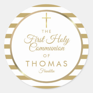 Elegant Gold Cross Stripe First Holy Communion Classic Round Sticker