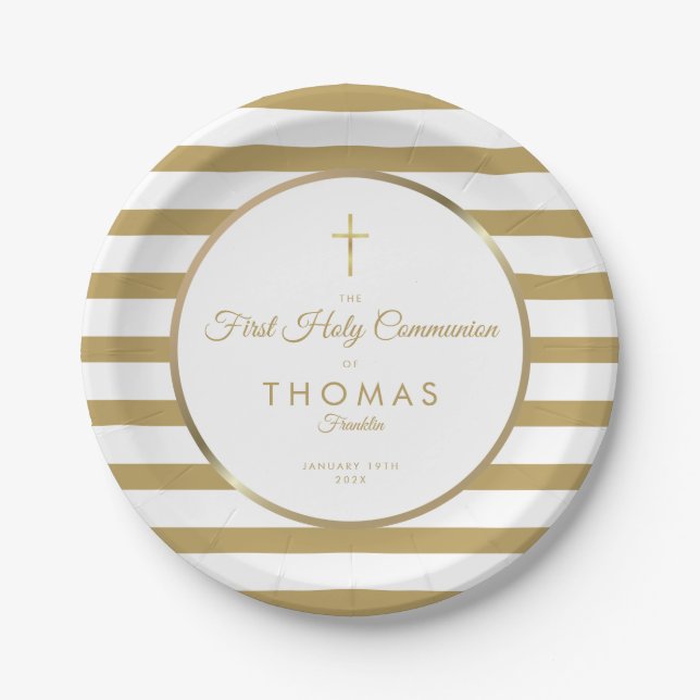 Elegant Gold Cross Stripe First Holy Communion Paper Plate (Front)