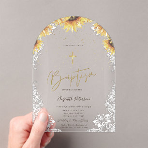 Elegant Gold Cross Sunflowers White Lace Baptism  Acrylic Invitations