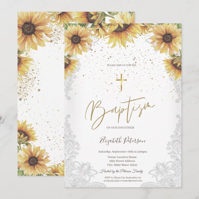 Elegant Gold Cross Sunflowers White Lace Baptism  Invitation (Front/Back)