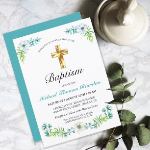Elegant Gold Cross Teal Boy Baptism Invitation