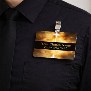 Elegant Gold Cross Water Reflection Church ID Badge