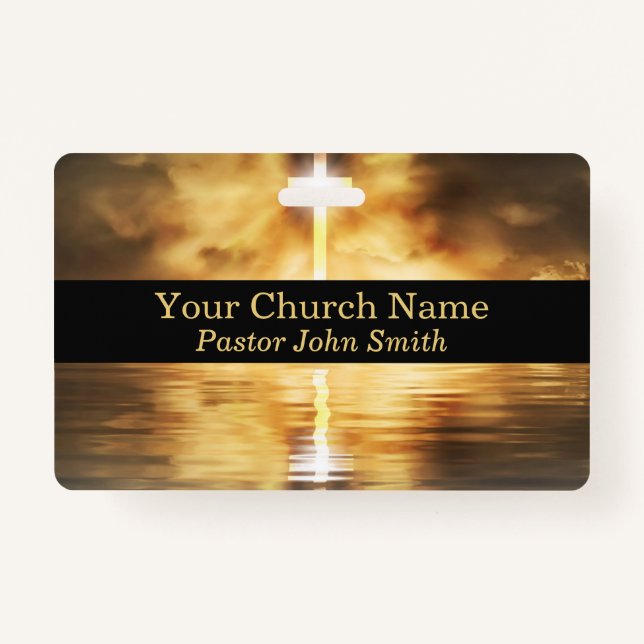 Elegant Gold Cross Water Reflection Church  ID Badge