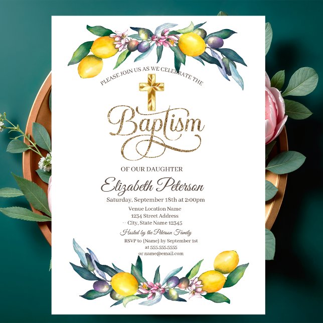 Elegant Gold Cross Watercolor Lemons Olives Invitation (Creator Uploaded)