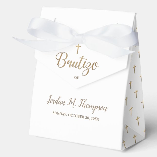 Elegant Gold Cross White Bautizo Personalized Favour Box (Front)