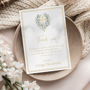 Elegant Gold Cross  with Leaves Funeral Thank You Card