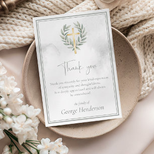 Elegant Gold Cross  with Leaves Funeral Thank You Card