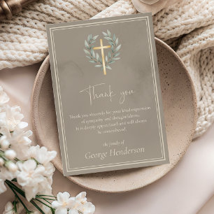 Elegant Gold Cross with Leaves Funeral Thank You Card