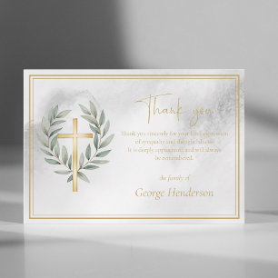 Elegant Gold Cross with Leaves Funeral Thank You Card
