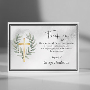 Elegant Gold Cross  with Leaves Funeral Thank You Card