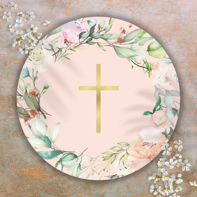 Elegant Gold Cross Woodland Rose Garland Floral Classic Round Sticker (Elegant Gold Cross Woodland Rose Garland Floral Classic Round Sticker)