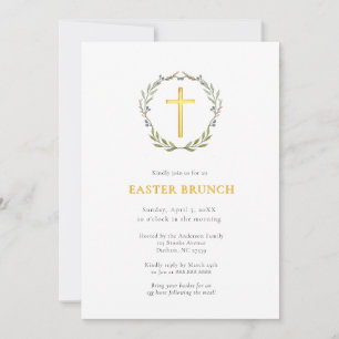 Elegant Gold Cross & wreath Easter brunch  Invitation