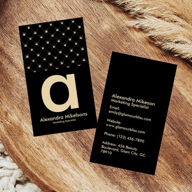 Elegant Gold Crown Grid Black Minimal Business Card (Creator Uploaded)