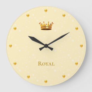 Elegant Gold Crown & Light Orbs on Light Saffron Large Clock