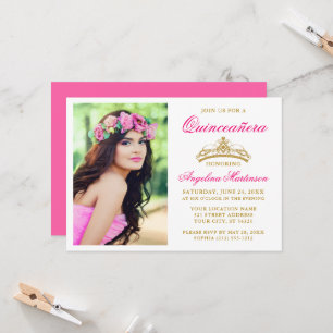 Elegant Gold Crown Photo Hot Pink Quinceanera Invitation