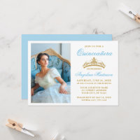 Elegant Gold Crown Photo Light Blue Quinceanera