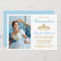 Elegant Gold Crown Photo Light Blue Quinceanera