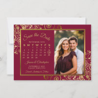 Elegant Gold Curls Burgundy Calendar Photo Wedding