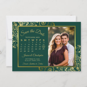 Elegant Gold Curls Emerald Calendar Photo Wedding Save The Date