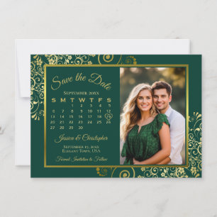 Elegant Gold Curls Emerald Calendar Photo Wedding Save The Date