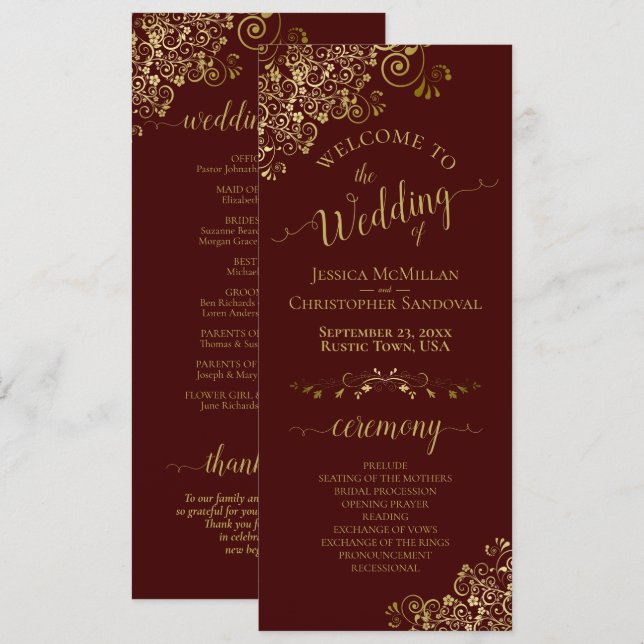 Elegant Gold Curls on Auburn Brown Wedding Programme (Front/Back)