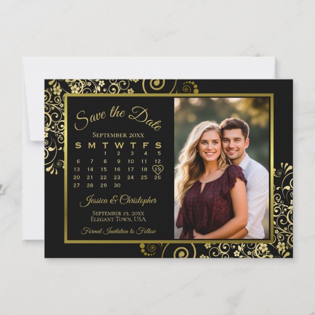 Elegant Gold Curls on Black Calendar Photo Wedding Save The Date (Front)