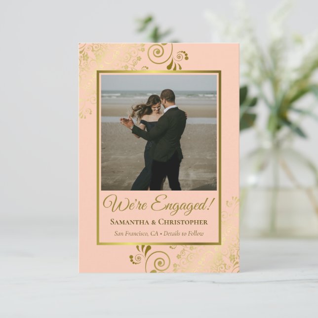 Elegant Gold Curls on Coral Peach Photo Engagement Announcement (Standing Front)